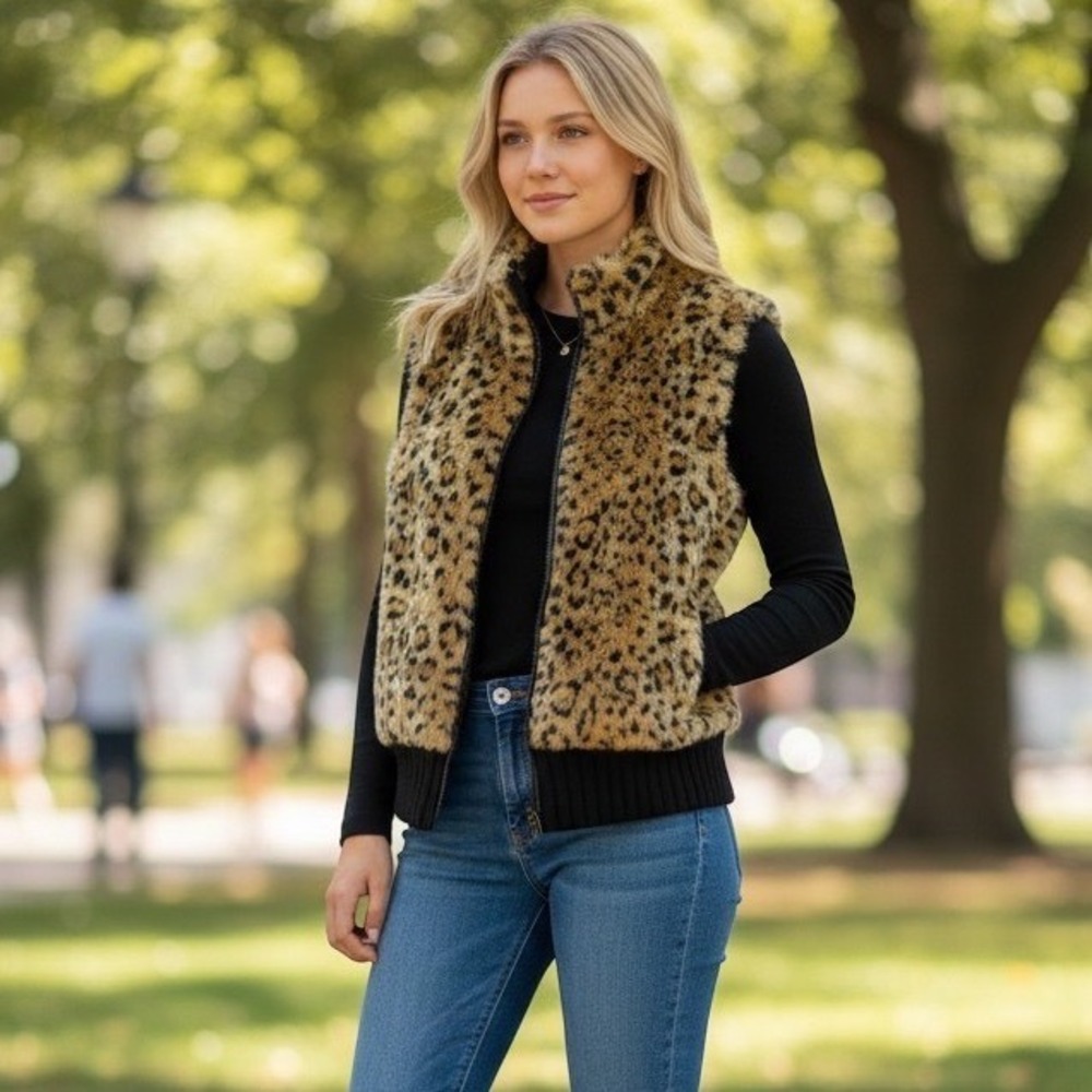 Vintage Heirloom Collectible Faux Fur Leopard Print Vest Y2K Ribbed Knit Small